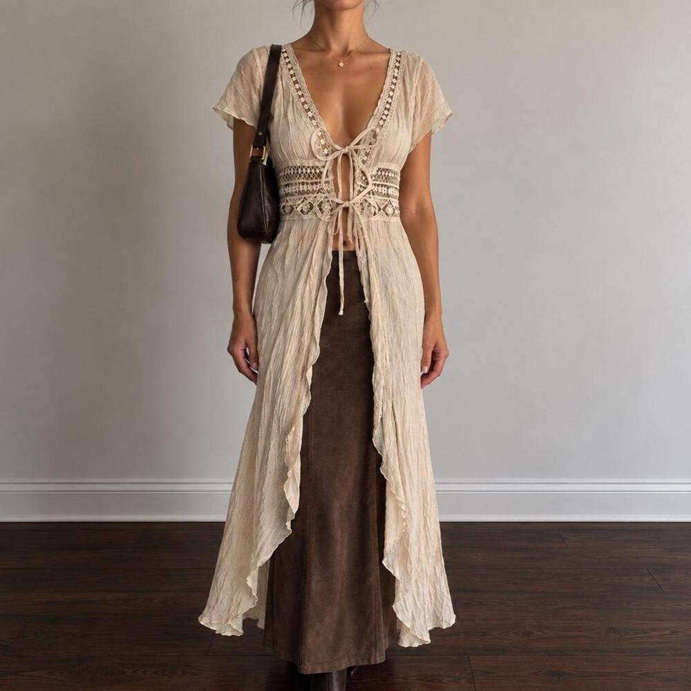 Vintage Ivory 70s Bohemian Romantic Lace Tie Front Maxi Duster Coverup Size M